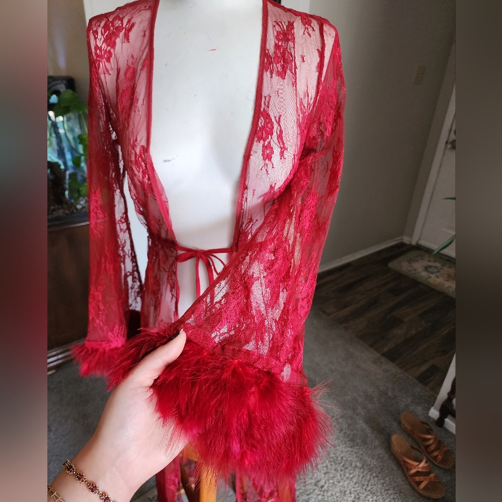 Dark Red Feathered Cuff Robe - Picture 2 of 4